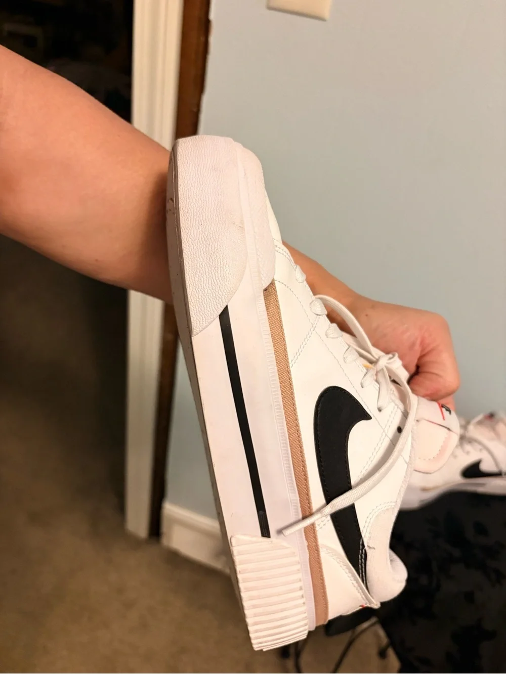 Nike Women’s Court White Sneakers with Black Swoosh and Gold Accent